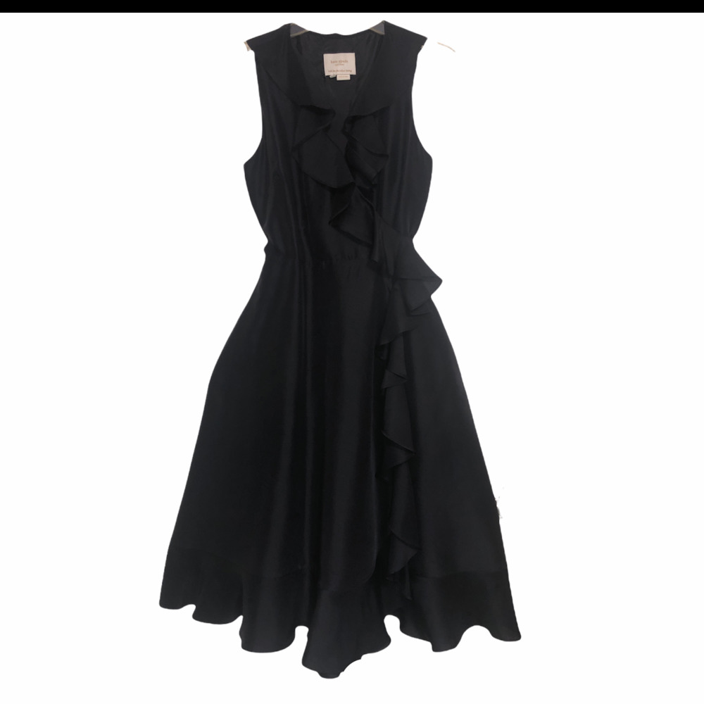 Kate Spade Silk Wrap Dress Black Size 6 Sleevless Ruffle V-Neck Midi Dress